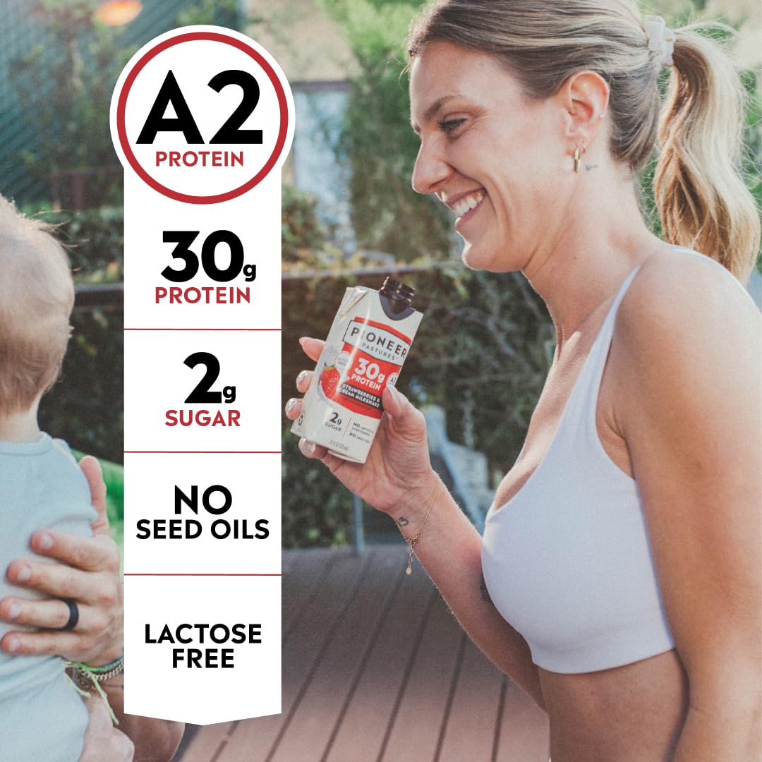 Pioneer Pastures Protein A2 Milkshakes, Strawberries & Cream, 11oz, 12 Pack