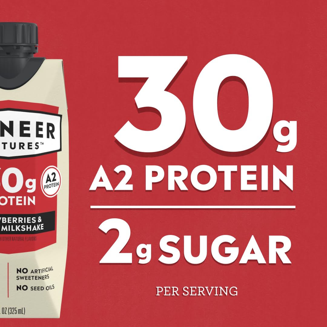 Pioneer Pastures Protein A2 Milkshakes, Strawberries & Cream, 11oz, 12 Pack