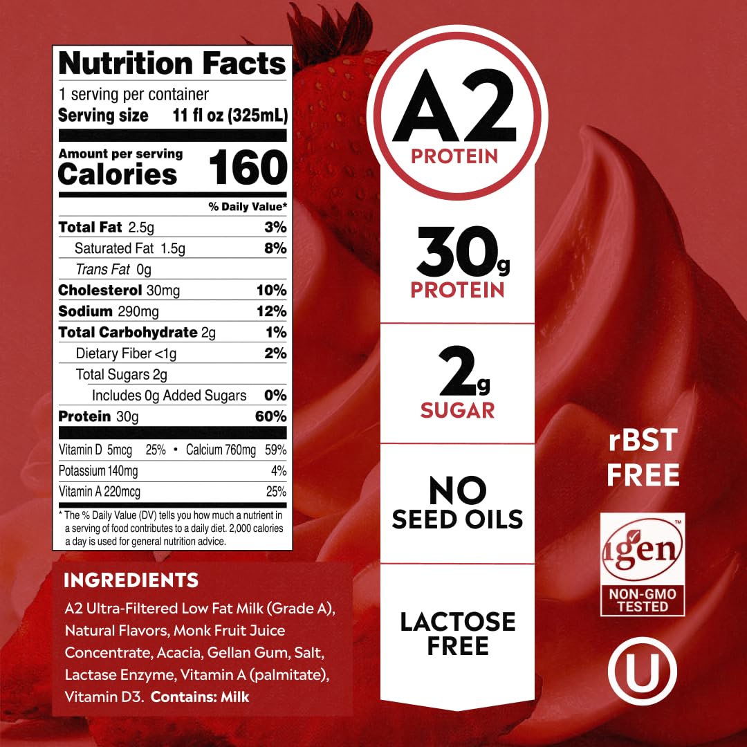 Pioneer Pastures Protein A2 Milkshakes, Strawberries & Cream, 11oz, 12 Pack